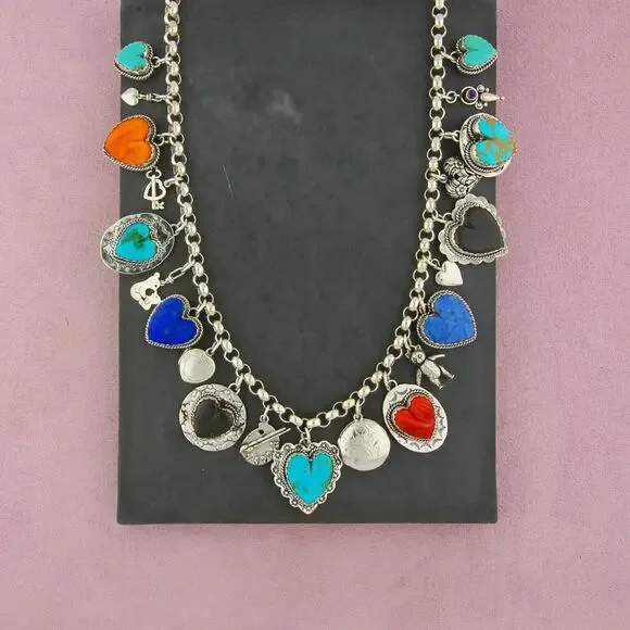 ⚡️sold⚡️ joan slifka sterling silver 21 hearts & charms necklace size 29in - Picture 2 of 5